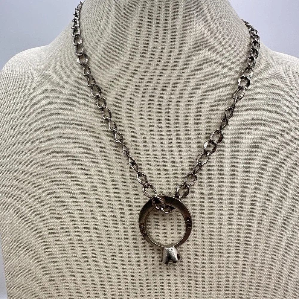 Vintage 90s Clear Rhinestone Ring Pendant Necklace‎ Silver Tone Curb Chain
